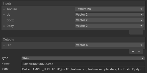 A custom shadergraph node calling the sample grad function
